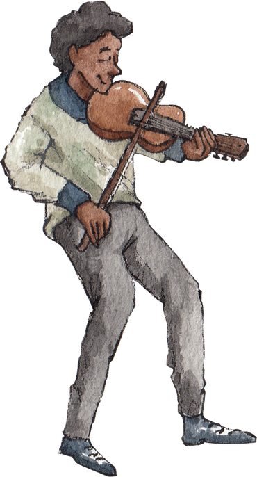 musicians character playing on violin, guitar, drums watercolor illustration.